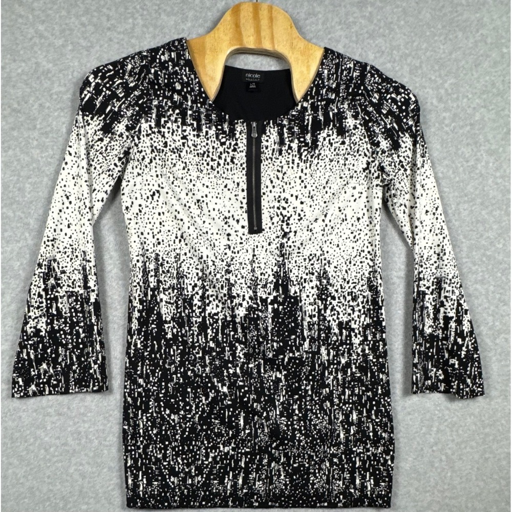 Nicole Miller Blouse Womens Large Black White Zip Front Bell Sleeve